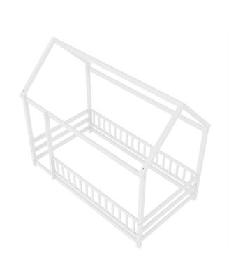 Twin Size Floor Wooden Bed with House Roof Frame, Fence Guardrails