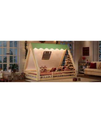Full Size House Floor Bed with Tent and Light, Solid Wood Teepee Design