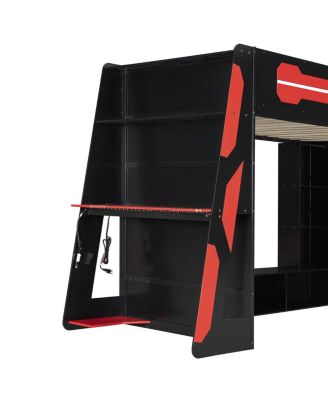 Wood Loft Bed with Desk, Multi-storage Shelves and RGB Light