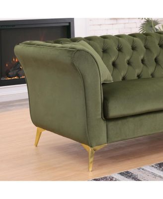  Chesterfield Stanford sofa, green tufted fabric, scroll arm/back loveseater