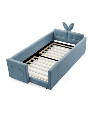 Twin Upholstered Platform Bed with Rabbit Ear Headboard & Safety Rail