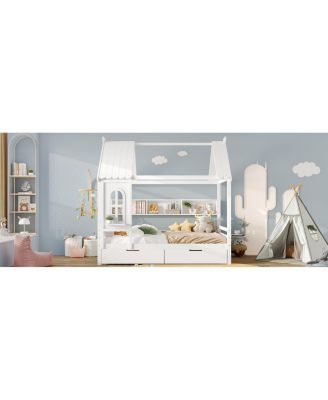 Full House Beds with Storage Drawers and Window, Solid Wood House Platform Bed Frame, White