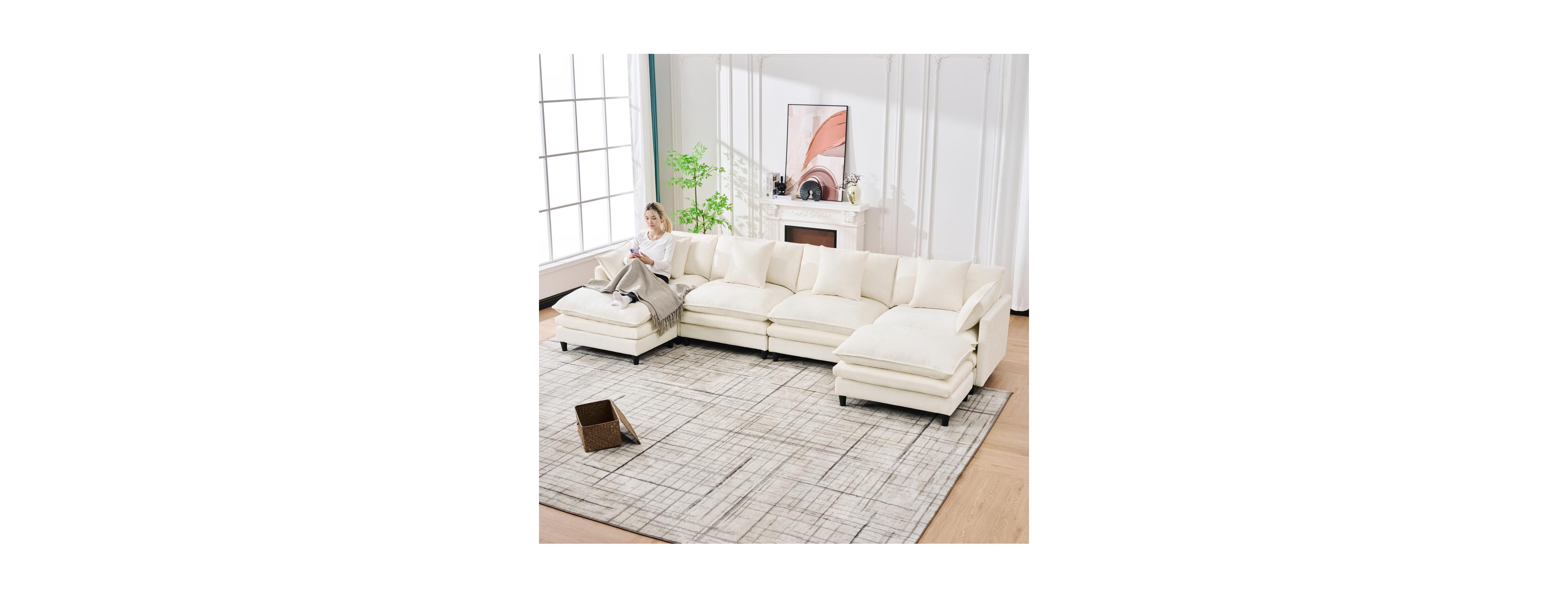 Streamdale Furniture U-shaped modular sectional sofa with 2 ottomans, 4 cushions, 2 pillows. Beige