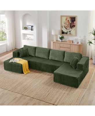  U-shape Modular Corduroy Sofa, Modern Minimalist Sleeper Couch - Green