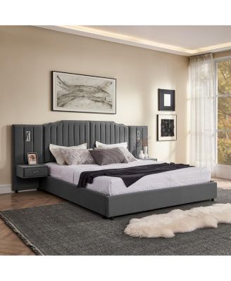 King Size Velvet Upholstered Bed Frame with Vertical Stripes & Headboard