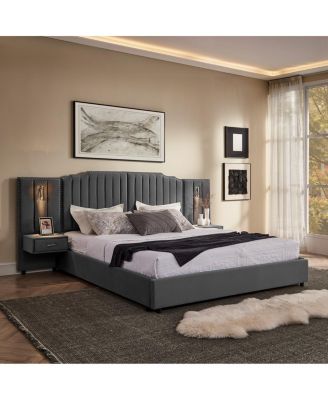 King Size Velvet Upholstered Bed Frame with Vertical Stripes & Headboard