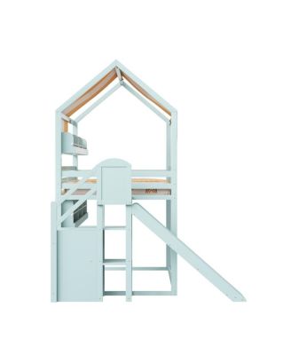 Full Size house Bed with Canopy, Slide & Built-In Bookshelves