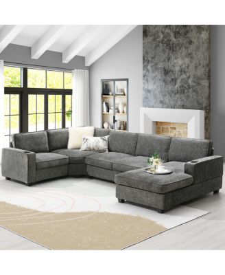 U-Shaped Sectional Sofa, 6 Seat Chenille Corner Couch with Cup Holders & Chaise