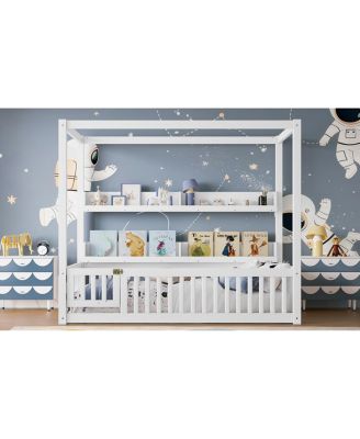 Twin Size Solid Wood Canopy Floor Bed with Guardrails & Shelves - White