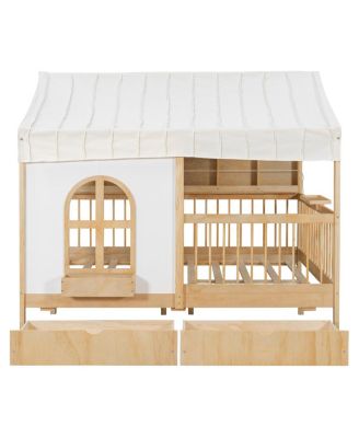 Full Size House Bed with 2 Large Drawers, Side Bookshelf with LED Strip, Natural