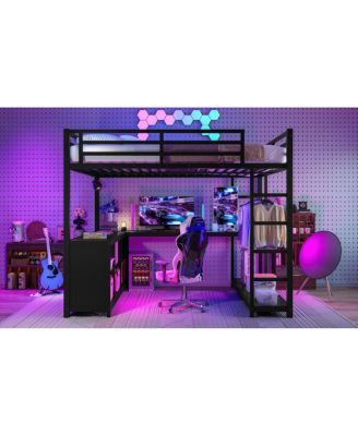Metal Loft Bed with Wardrobe & L-shaped Desk, Queen Size
