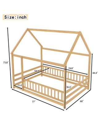 Full Size Floor Wooden Bed with House Roof Frame, Fence Guardrails