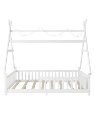 House Bed with Light, Low Floor House Bed with Fence and Roof