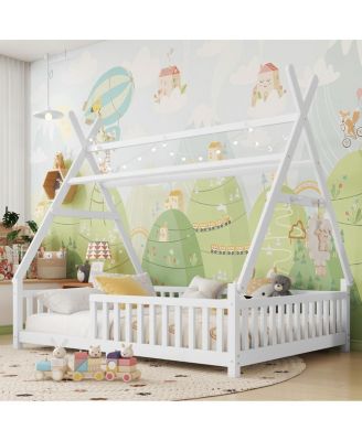 House Bed with Light, Low Floor House Bed with Fence and Roof