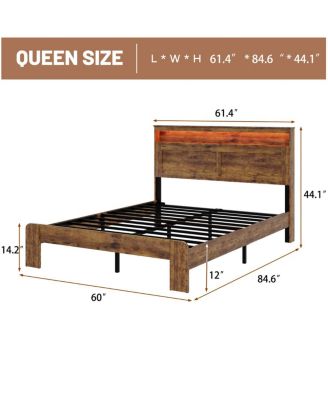 Wood Queen Platform Bed Frame with Storage, LED Headboard, USB