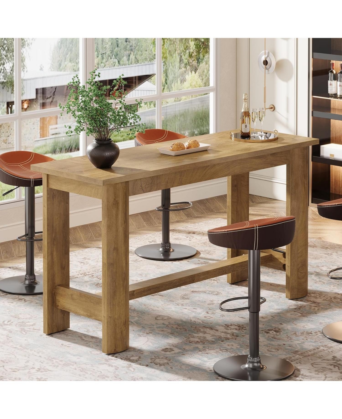 Tribesigns 63-Inch Long Bar Table, Counter Height Pub Table with Footrest & Unique Curved Legs, Farmhouse Rectangular High Top Home Coffee Bar Unit