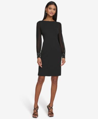 KARL LAGERFELD PARIS - Women's Illusion-Sleeve Beaded-Cuff Dress