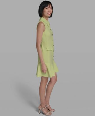 Women's Flower-Button Collared Sleeveless Shift Dress