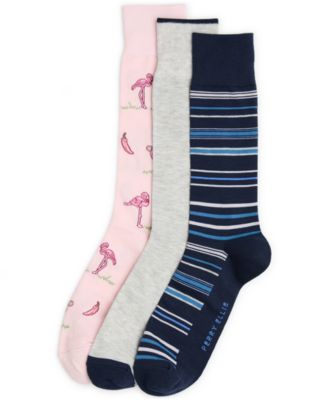 Men's Flamingo and Stripe Patterned Crew Socks, 3-Pack