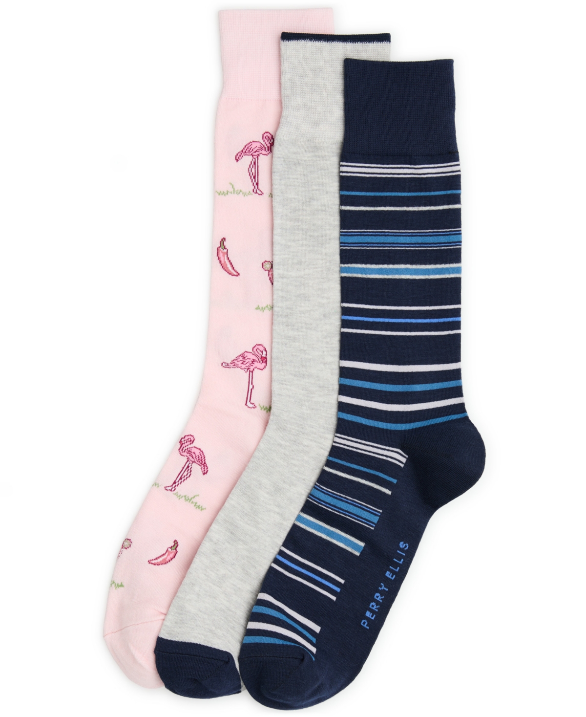 Perry Ellis Portfolio Men's Flamingo and Stripe Patterned Crew Socks, 3-Pack