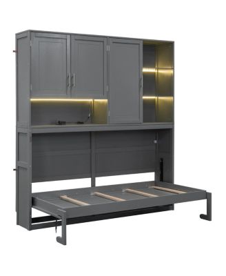 Twin Size Wall Murphy Bed with Cabinet, Shelves, Light & USB