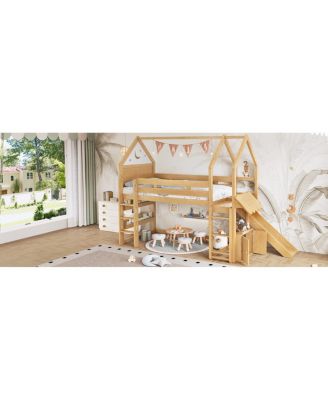 Twin Loft Bed with Bookshelf, Slide, and Playful House Design for Kids