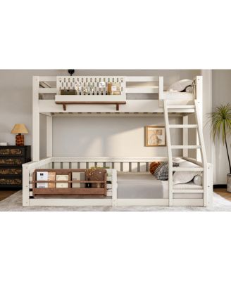 Twin XL over Queen Bunk Bed with Ladder, Guardrails, Pegboard & Bookshelf