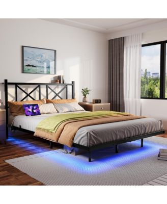 Queen Size Floating Bed Frame with Headboard & Storage, USB/LED