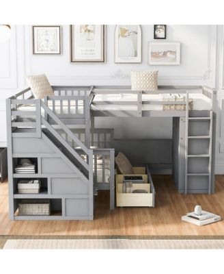 Twin over Full L-Shaped Bunk Bed with Drawers, Desk, Wardrobe
