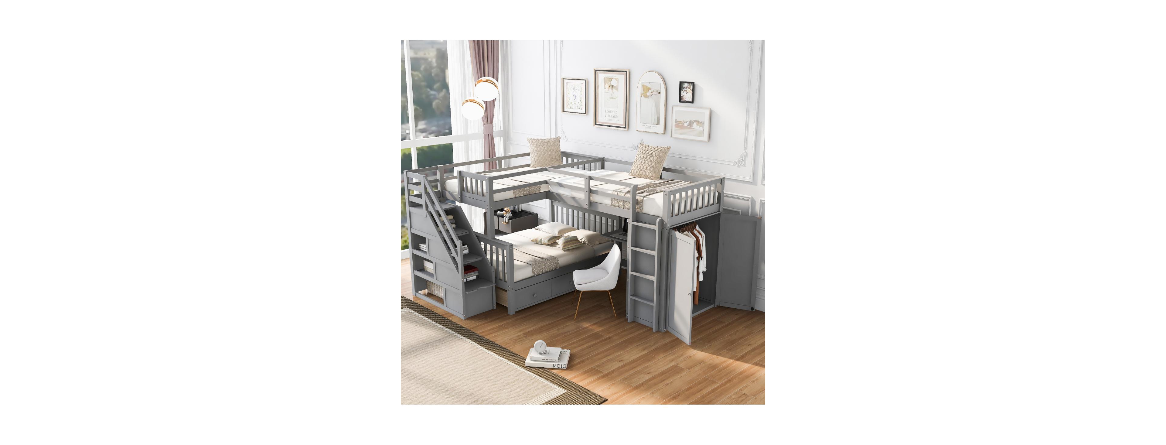Streamdale Furniture Twin over Full L-Shaped Bunk Bed with Drawers, Desk, Wardrobe
