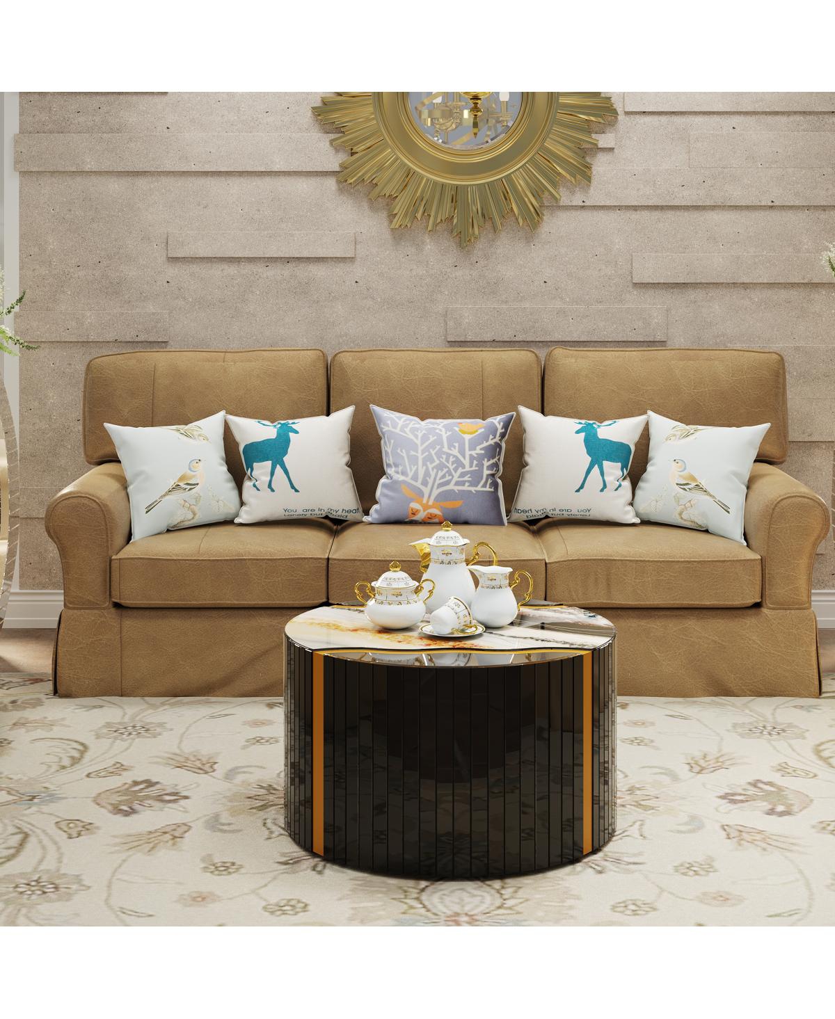 Streamdale Furniture Black gold round mirror coffee table with marble pattern sticker side table