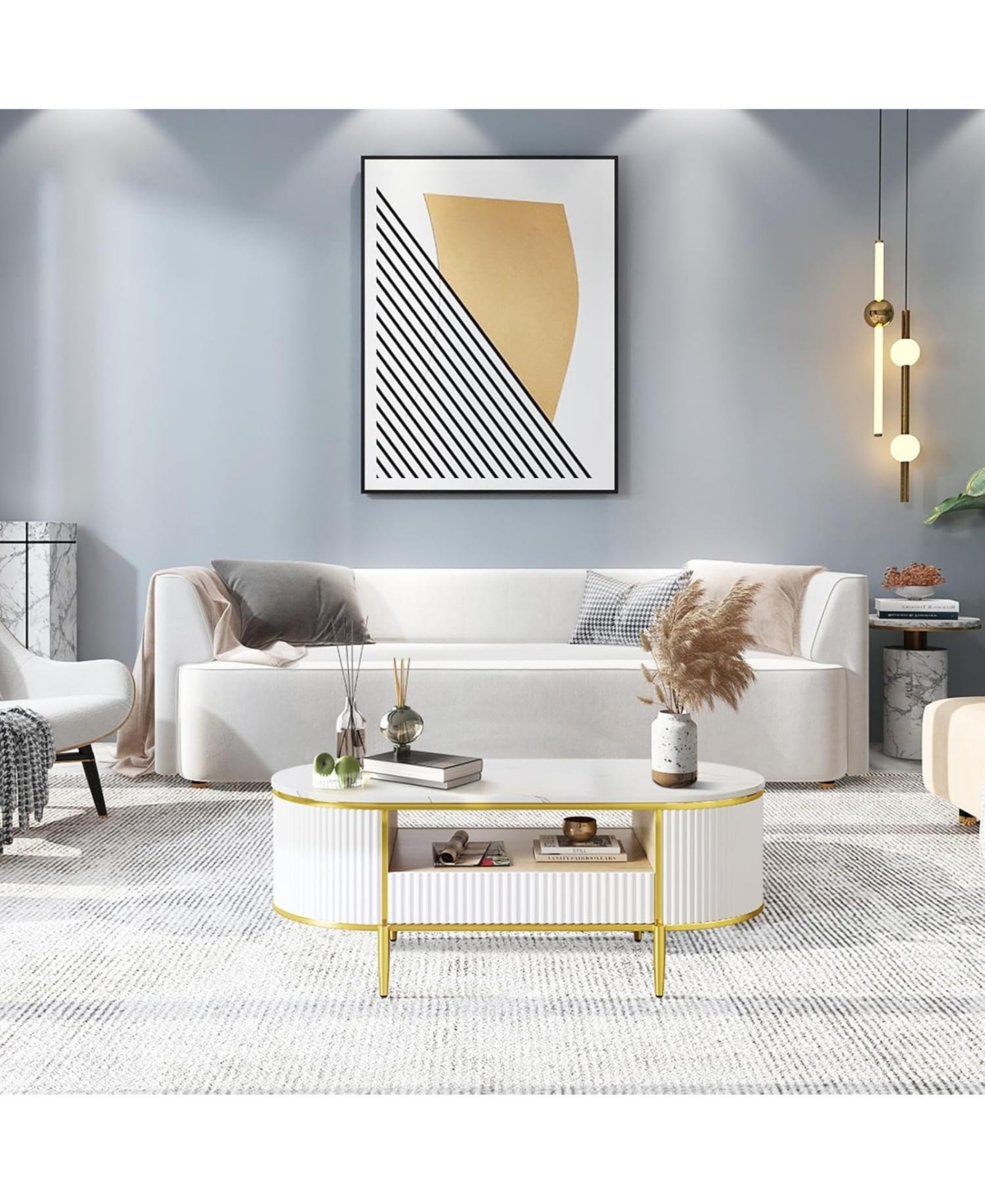 gaomon Modern Fluted Coffee Table, 48" Modern Oval Coffee Table with Drawer, Faux Marble Top, Curved Profile Center Table with Storage