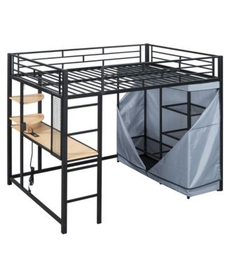Loft Metal Bed with Desk,Shelves,Power Outlet,LED Light and Wardrobe - Full