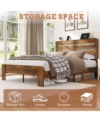 Queen Bed Frame with Storage, LED, Charging Station