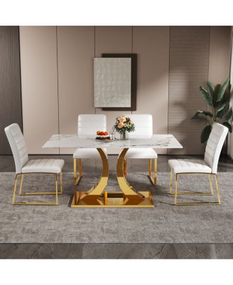 Marble patterned glass dining chair set with gold decoration