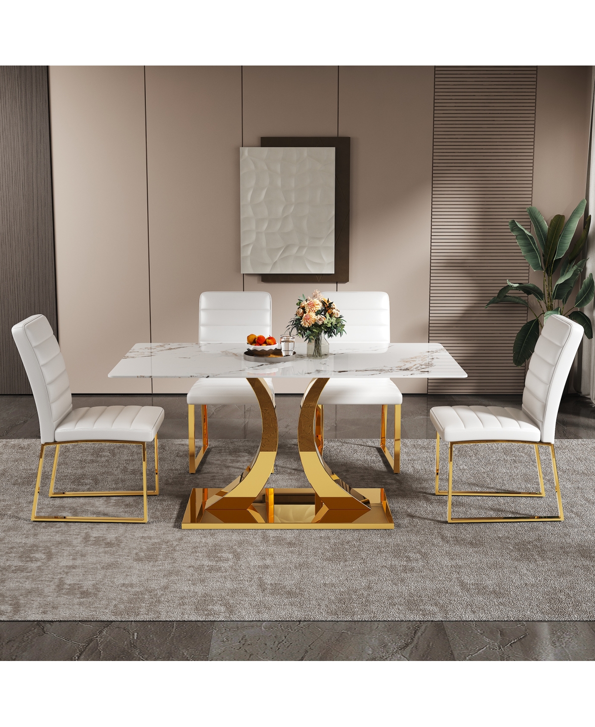 Streamdale Furniture Marble patterned glass dining chair set with gold decoration