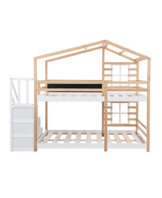Full over Full Bunk Bed House Bed with Roof, Windows, Blackboard, Storage Ladder