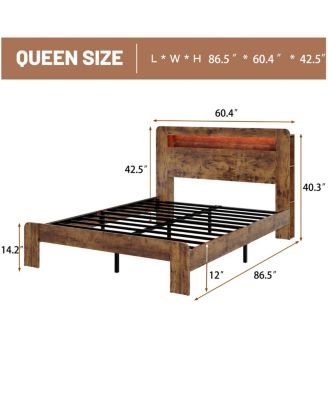 Wood Platform Bed Frame Queen w/Storage, LED, USB