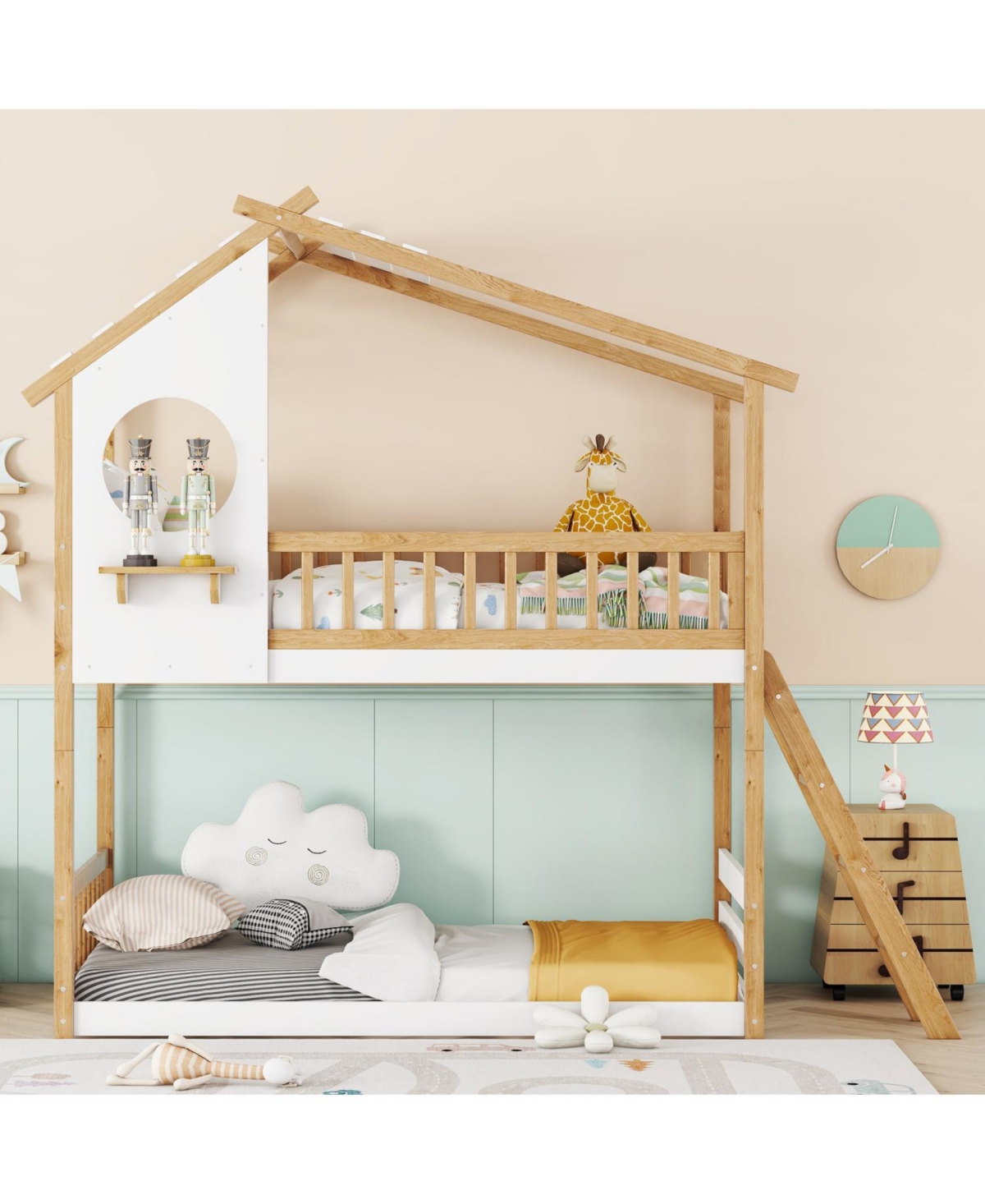 Streamdale Furniture Twin Over Twin Bunk Bed with Roof, Window, Ladder