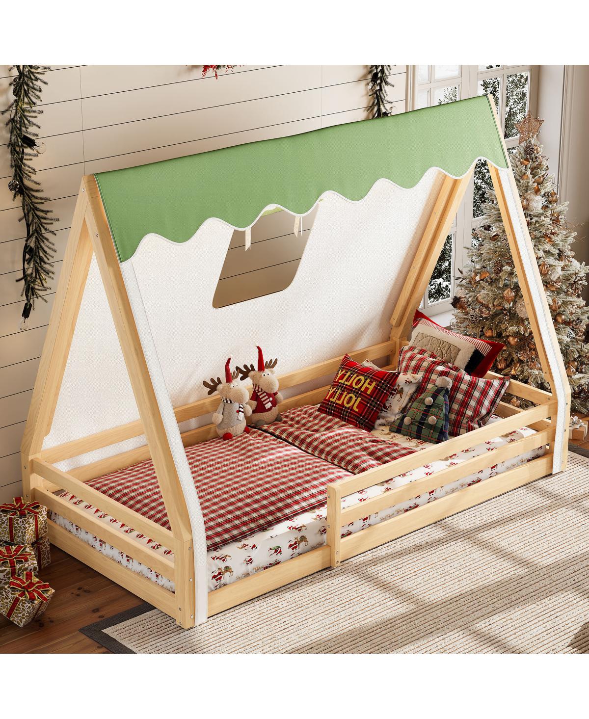 Streamdale Furniture Twin Size House Floor Bed with Tent and Light, Solid Wood Teepee Design