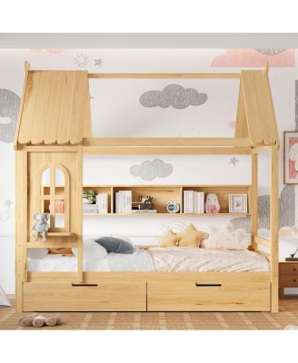 Full House Beds with Storage Drawers and Window, Solid Wood Platform Bed Frame