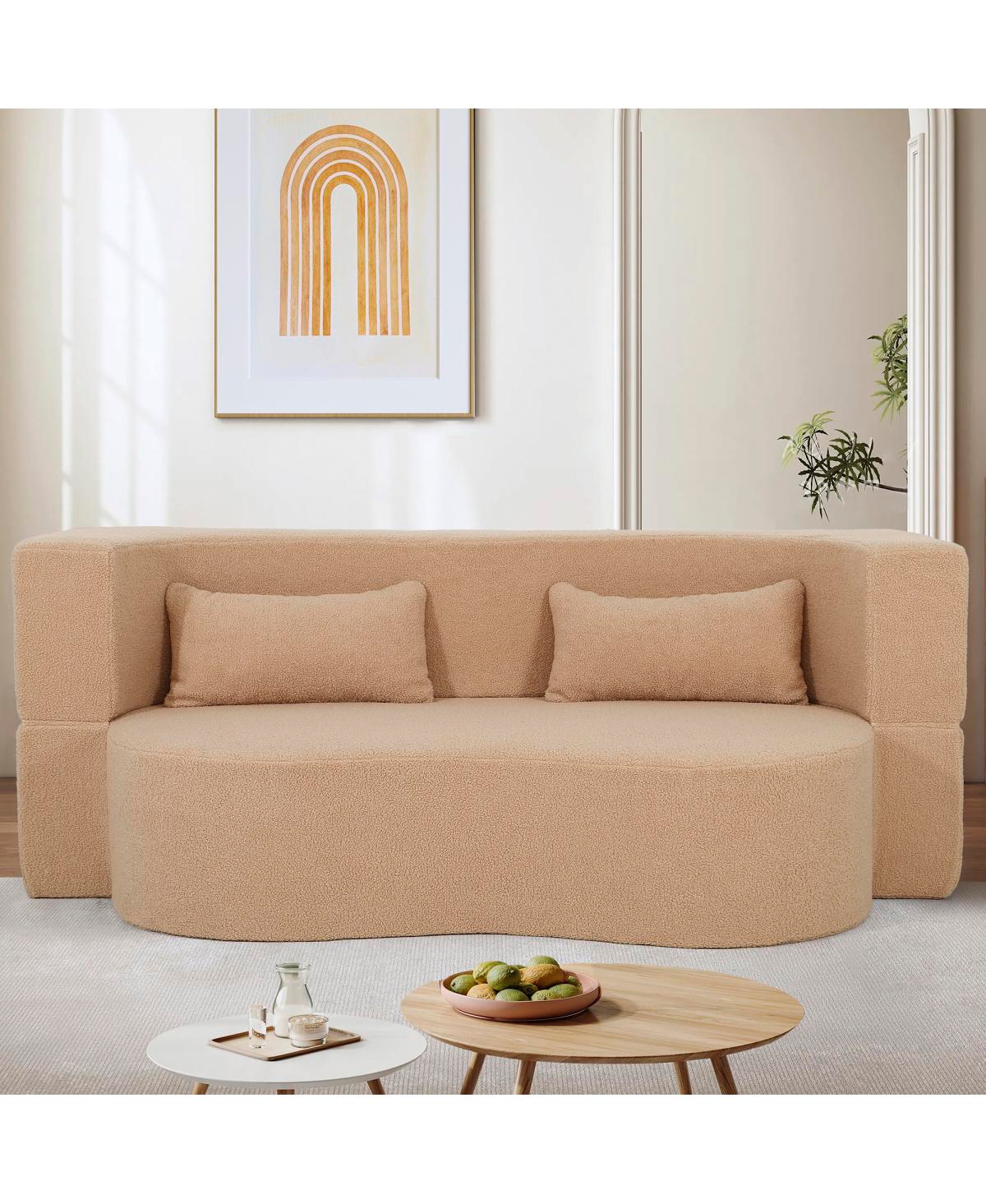 Streamdale Furniture 2-in-1 Convertible Sofa Bed, Full Size Folding Loveseat Couch with Teddy Fabric, Apricot