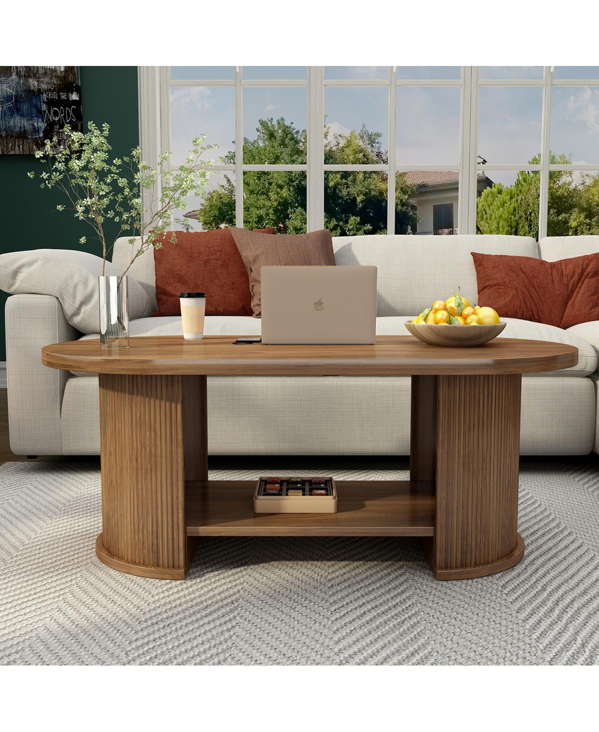 Streamdale Furniture Oval Fluted Coffee Table, 47" Farmhouse Wood, Mid-Century 2-Tier with Storage