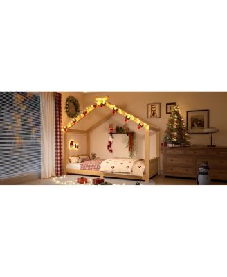 Twin House Floor Bed with Slats, Solid Wood House Bed Frame for Kids