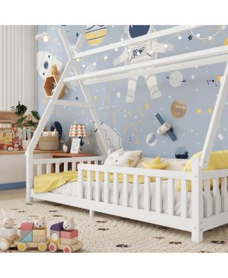 Twin House Bed with Light, Low Floor House Bed with Fence and Roof