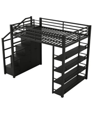 Metal Loft Bed with Storage Shelves, Cabinets and Wardrobe