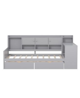 Full Size Daybed with Storage, Wooden L-Shape Bed Frame w/ Desk & Bookshelf