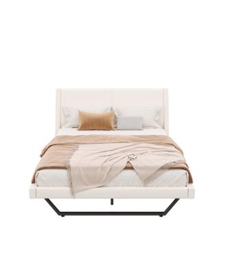  Queen Size White PU Leather Upholstered Platform Bed Frame, No Box Spring Needed