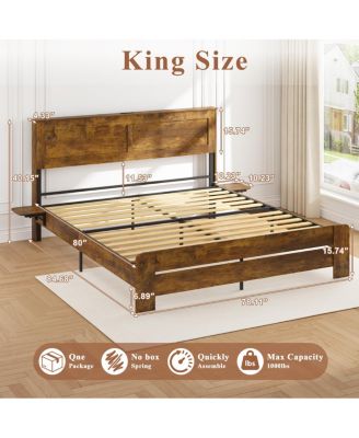 Farmhouse King Bed Frame w/ Storage Shelf, LED Lights & Charging Station