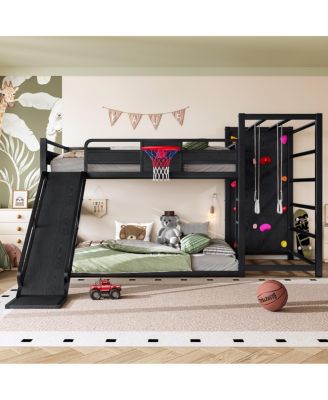  Full size metal loft bed with basketball hoop, slide, and bookshelves.